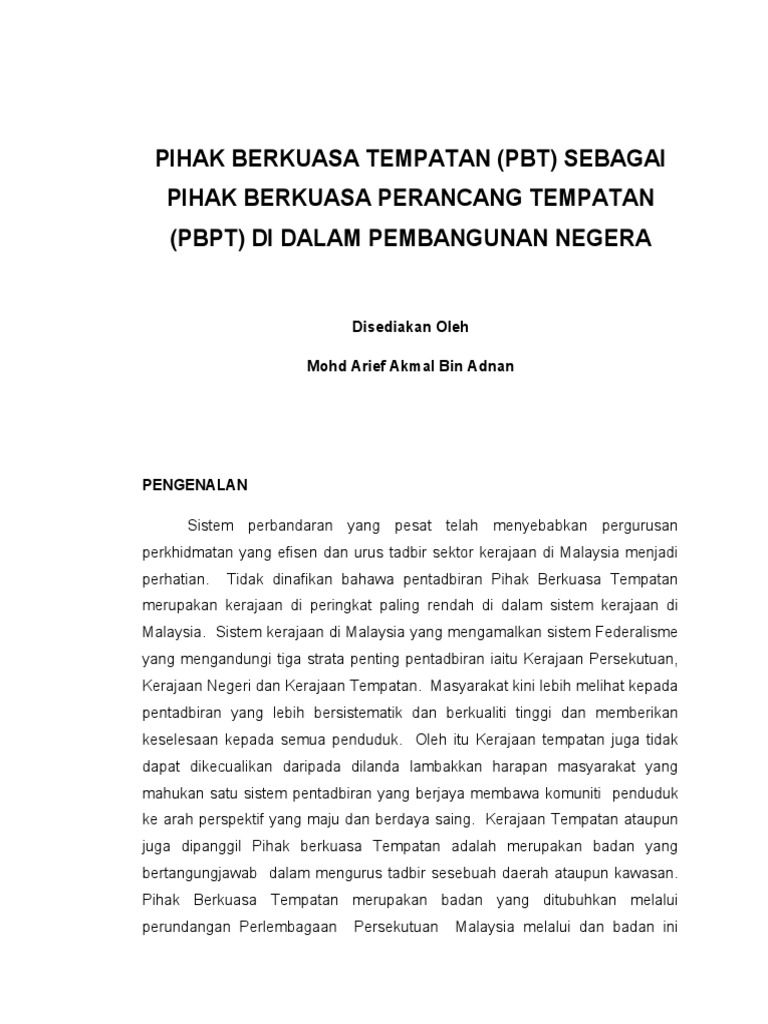 Pihak Berkuasa Tempatan (PBT) Sebagai Pihak Berkuasa Perancang 