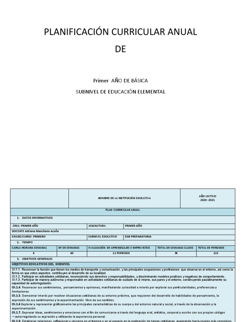 Planificación Curricular Anual de Primero | PDF | Las emociones ...
