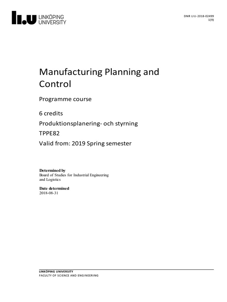 Syllabus Manufacturing Planning and Control PDF Test (Assessment
