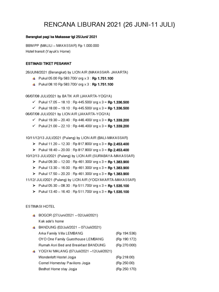Rencana Liburan 2021: Itinerary dan Biaya | PDF