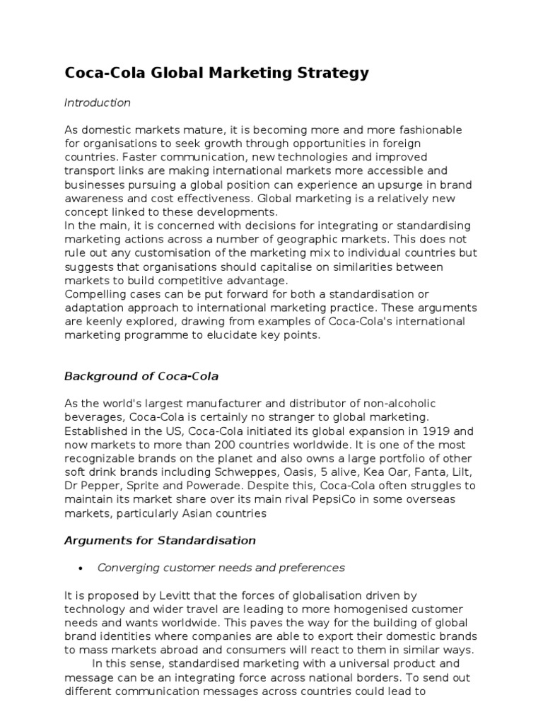 Coca-Cola Global Marketing Strategy | PDF | Coca Cola | Brand