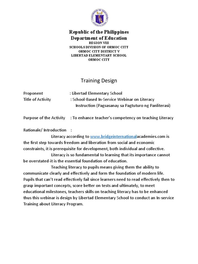 INSET Training Design PDF Literacy Reading Comprehension