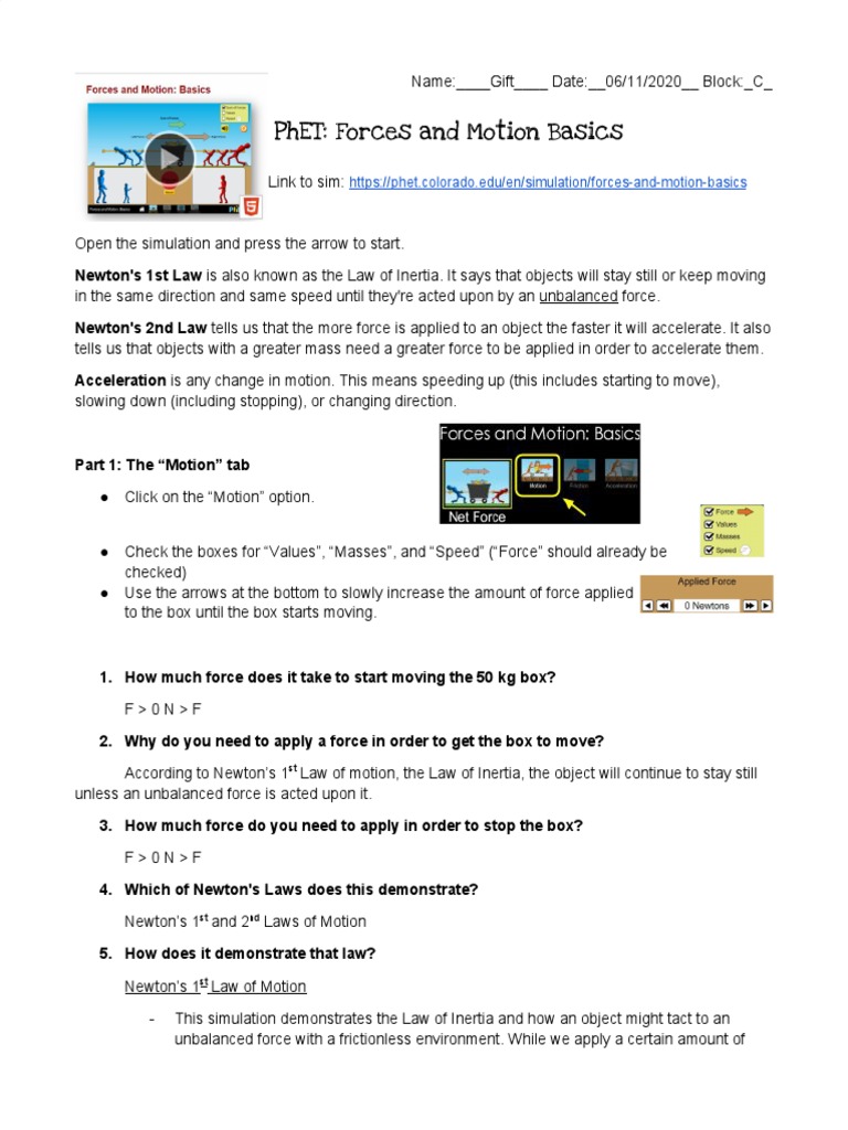 PhET Forces and Motion Simulation Guide | PDF | Newton's Laws Of Motion ...