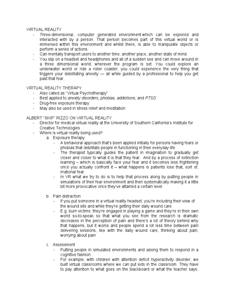 Virtual Reality Therapy PDF Virtual Reality Psychotherapy