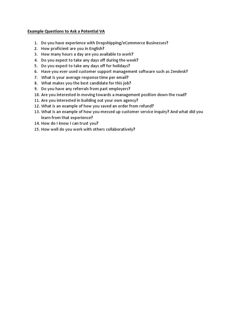 Lesson 168 - Example Questions To Ask A Potential VA | PDF