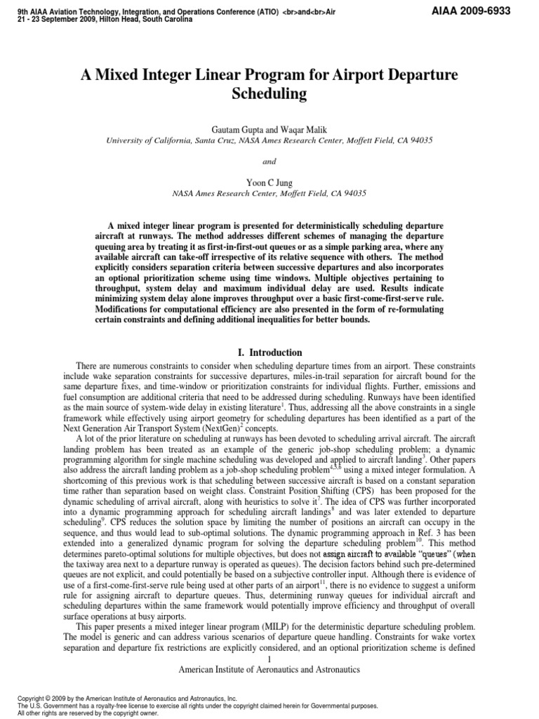 A Mixed Integer Linear Program For Airport Departure Scheduling | PDF ...