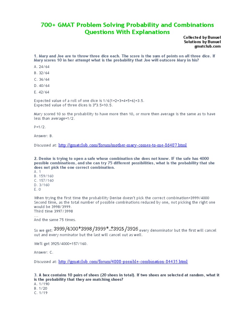 700+ GMAT Problem Solving Probability and Combinations Questions With