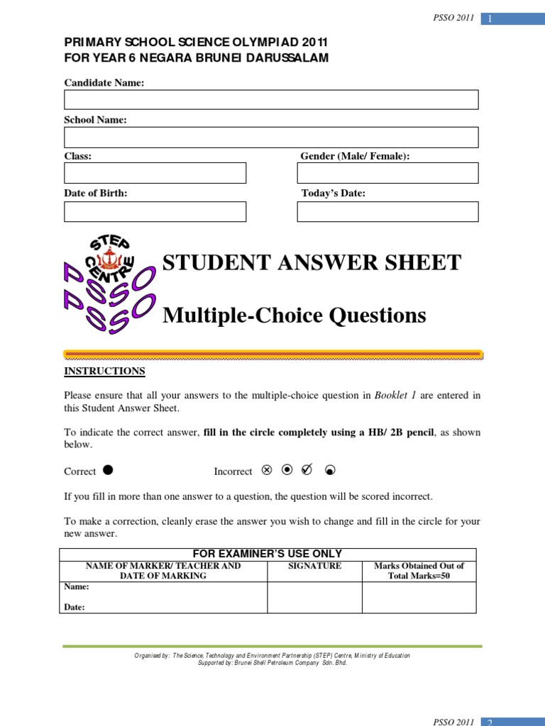 PSSO 2011 Answer Sheet - 1st Round | PDF | Question | Multiple Choice