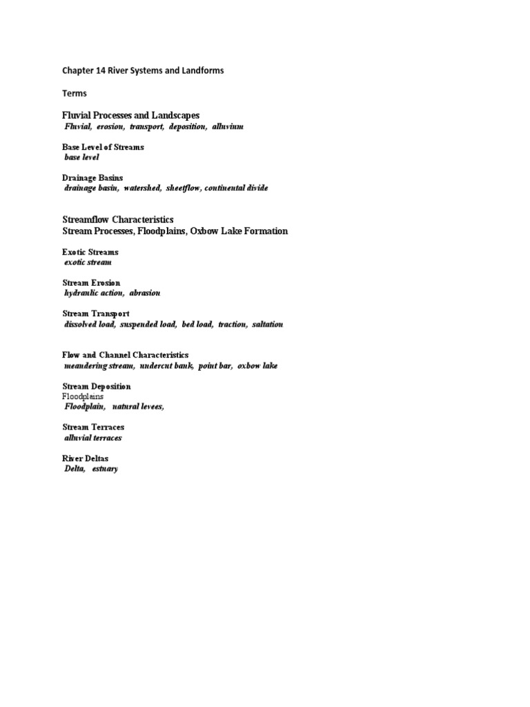 Chapter 14 River Systems and Landforms Terms Fluvial Processes and ...