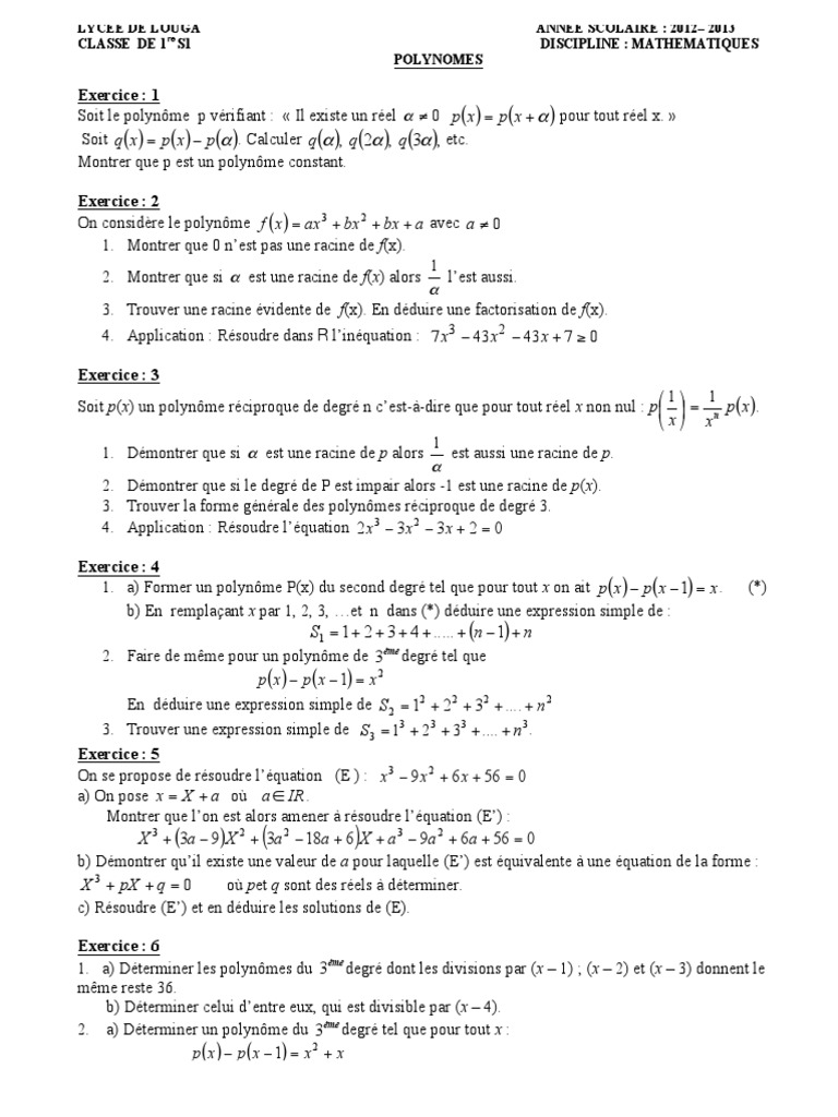 Td2 Polynomes 1s1 1 Pdf Zero D Une Fonction Polynome