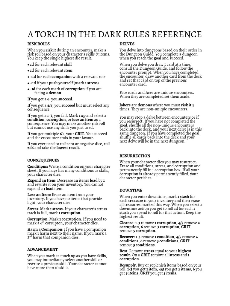 A Torch in The Dark Rules Reference V 1.0 PDF Playing Cards