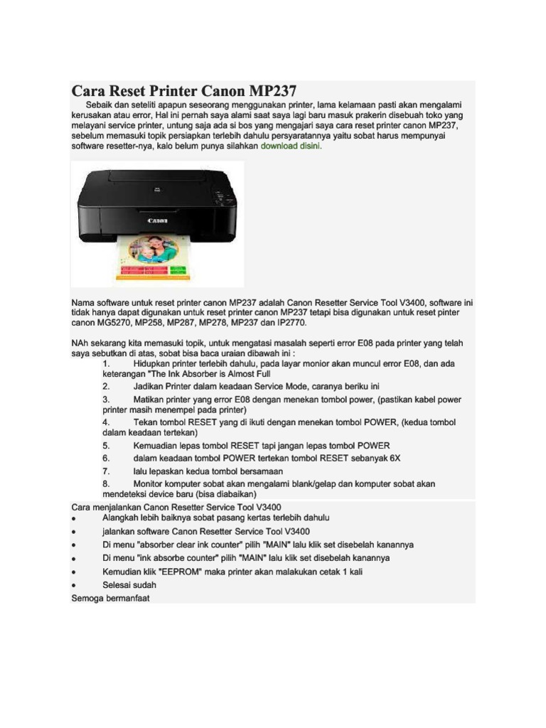 Cara Reset Printer Canon mp237 - Compress | PDF