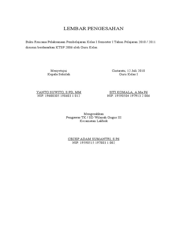 Lembar Pengesahan RPP Kelas I-VI | PDF