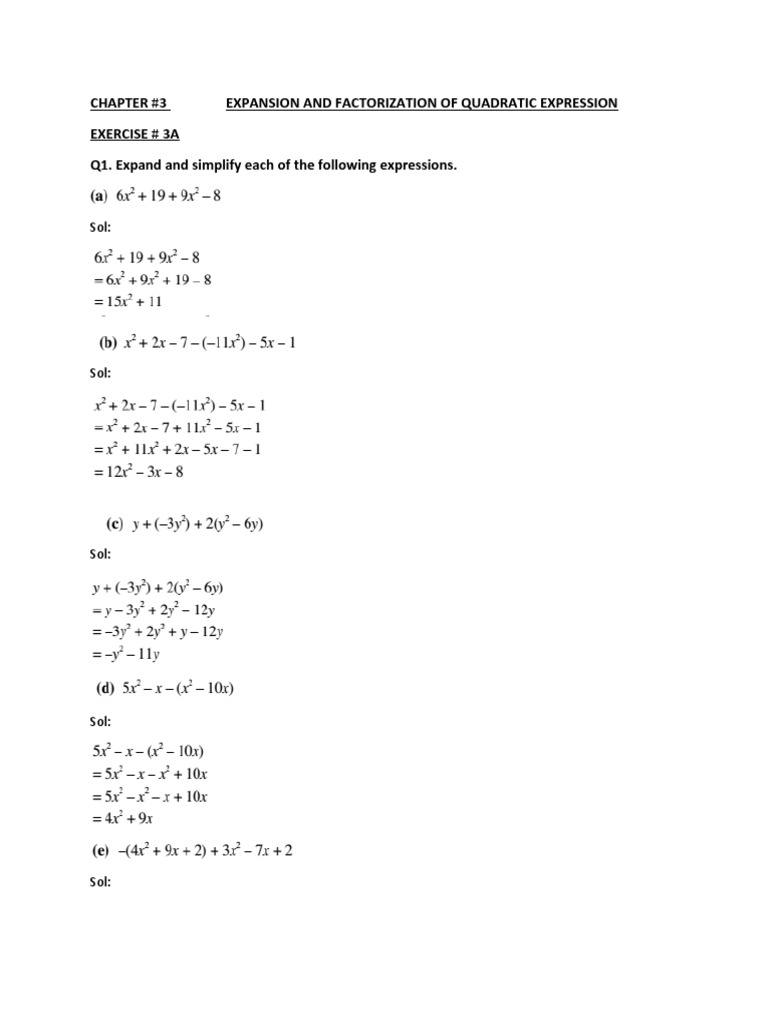 Chapter #3 Expansion and Factorization of Quadratic Expression Exercise ...
