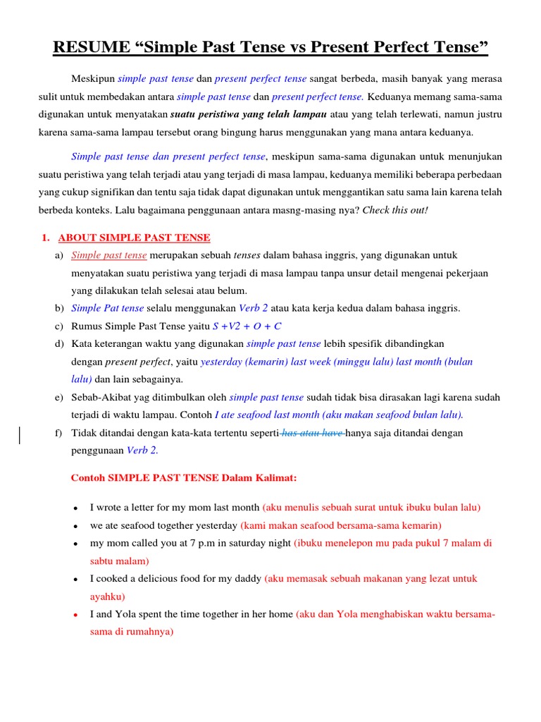 KE 3 RESUME Simple Past Tense Vs Present Perfect Tense PDF
