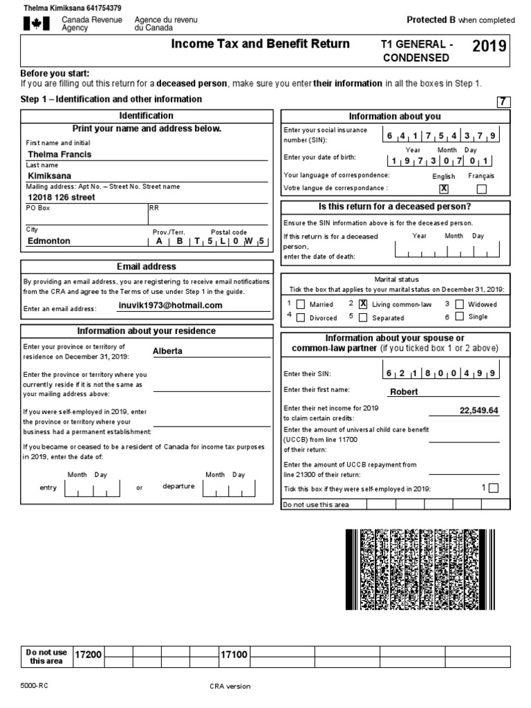 Income Tax and Benefit Return: T1 General - Condensed | PDF