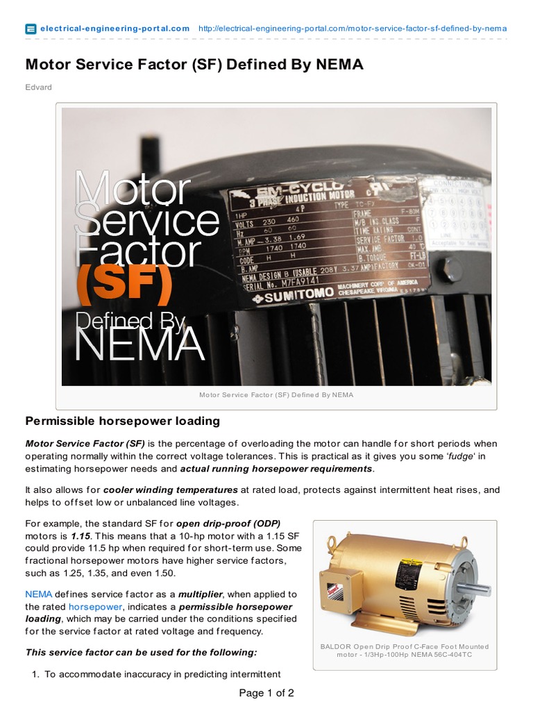 Motor Service Factor (SF) Defined by NEMA Permissible Horsepower