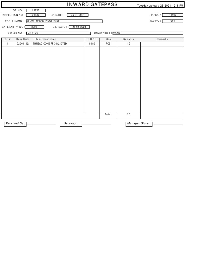 Inward Gatepass for Asian Thread Industries | PDF