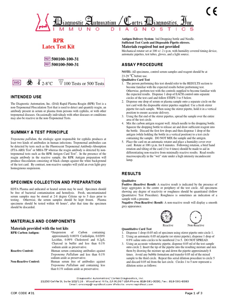 RPR Test Kit Procedure Overview | PDF | Blood Plasma | Infection
