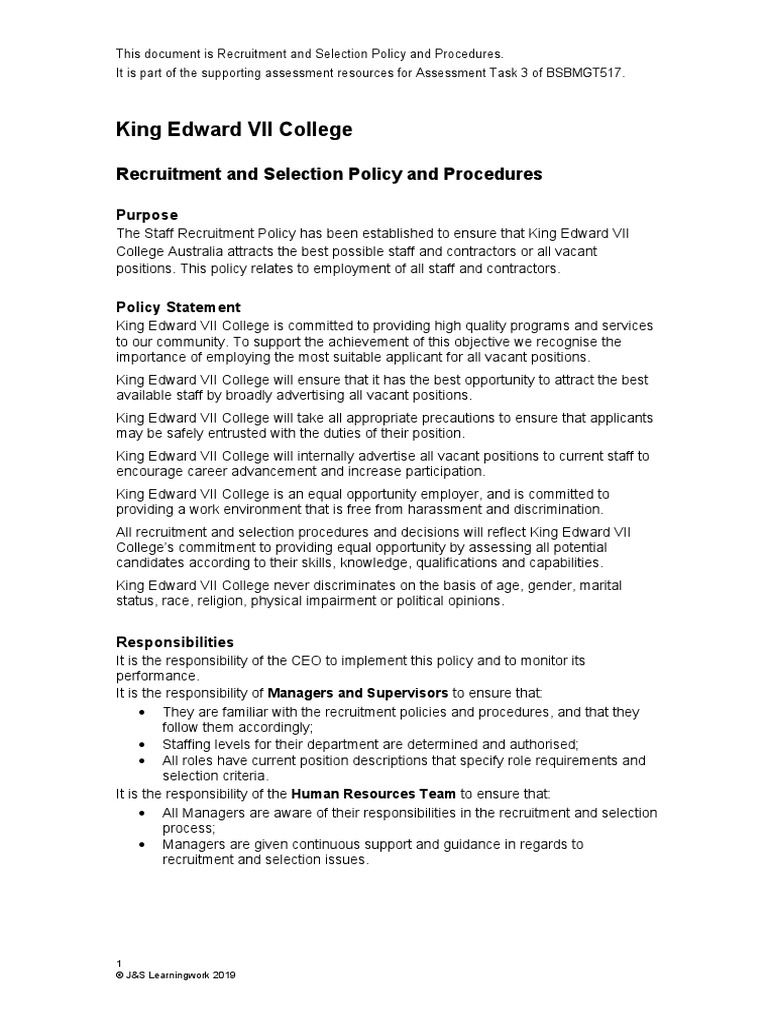Recruitment and Selection Policy and Procedures | PDF | Recruitment