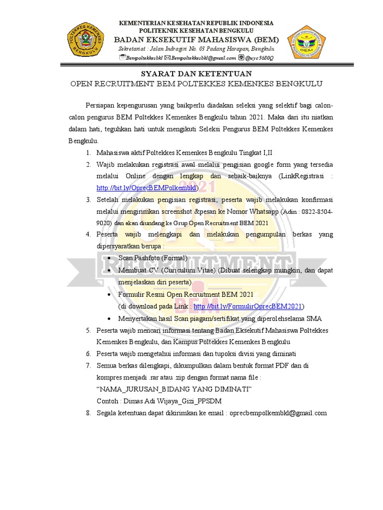 Open Recruitment BEM Poltekkes Bengkulu | PDF