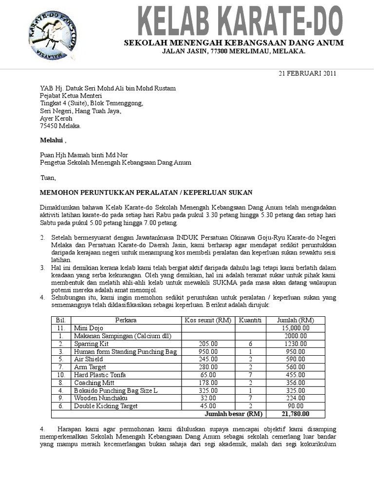 Kertas Kerja Permohonan Peruntukkan Peralatan Keperluan Sukan Pdf