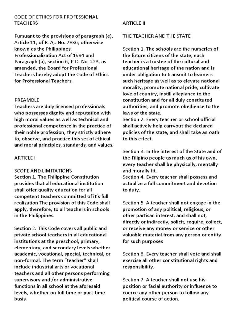 Code Of Ethics For Professional Teachers Pdf Teachers Dignity