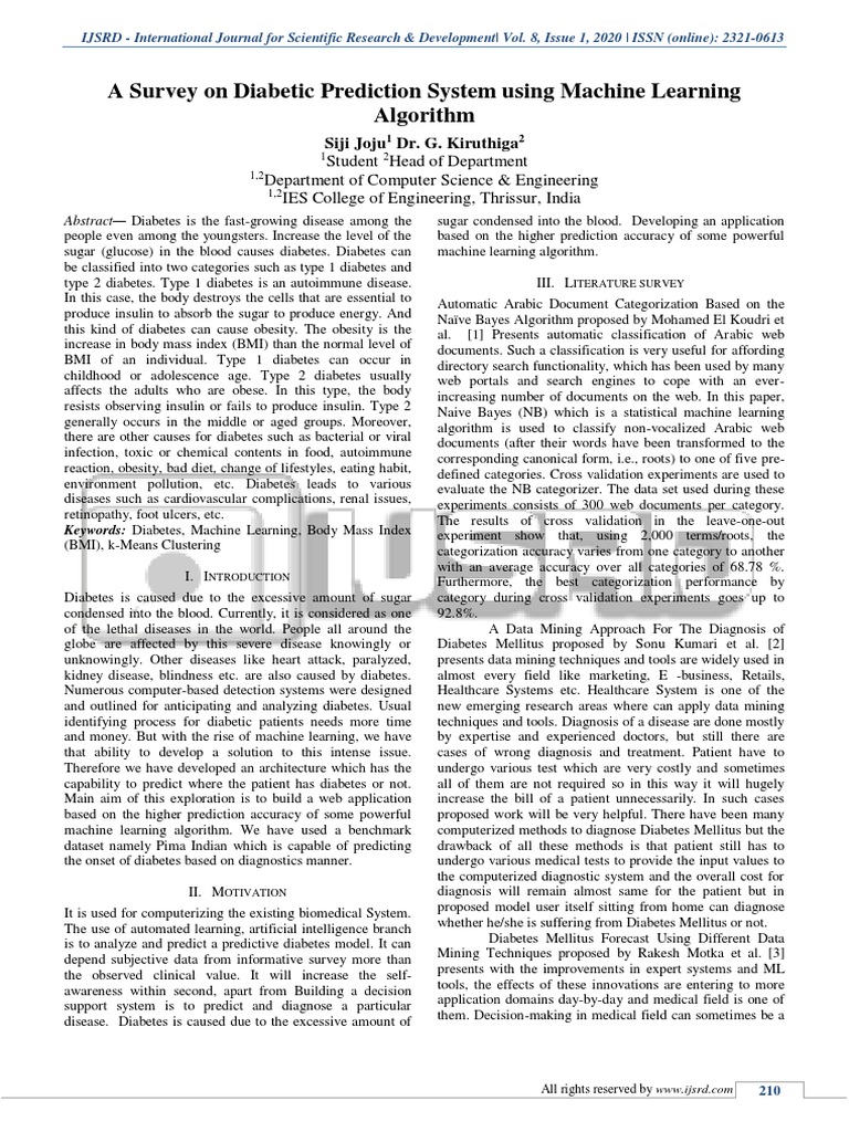 A Survey On Diabetic Prediction System Using Machine Learning | PDF ...