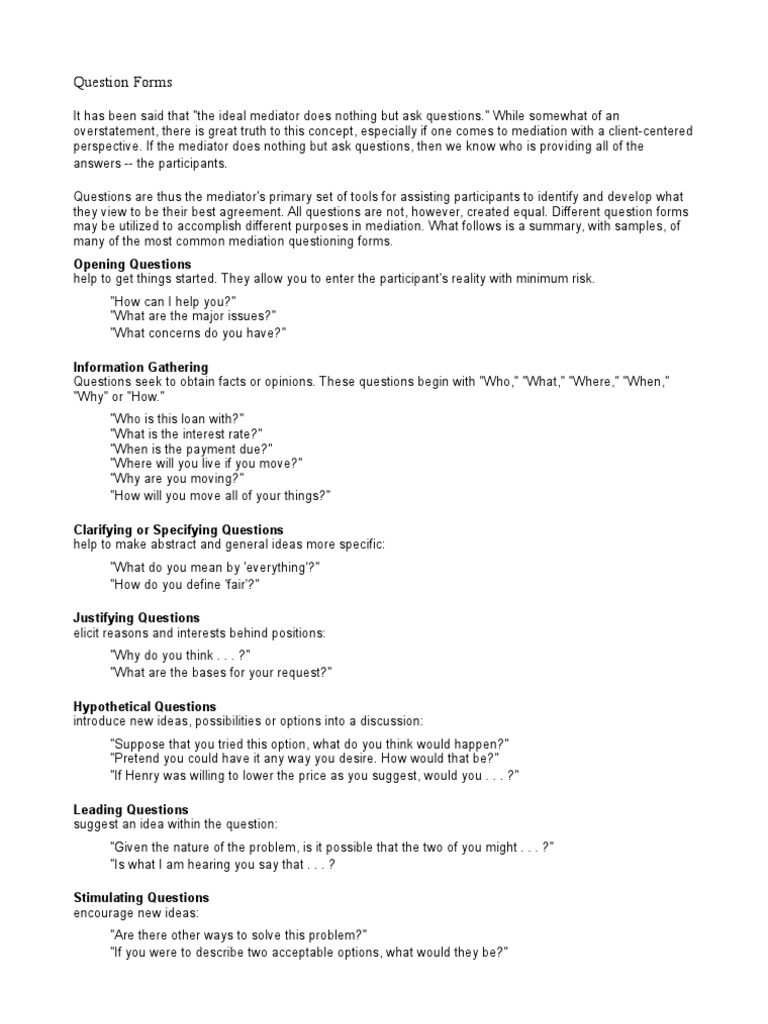 Mediation Question Forms Explained | PDF | Question | Language Mechanics