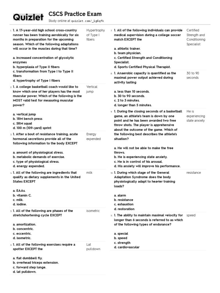 CSCS Exam Practice Questions Guide | PDF | Strength Training | Muscle ...