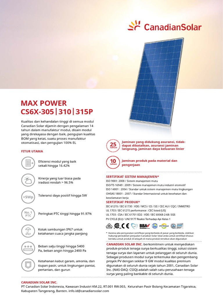 Modul Surya Canadian Solar CS6X-310P | PDF | Teknologi & Rekayasa