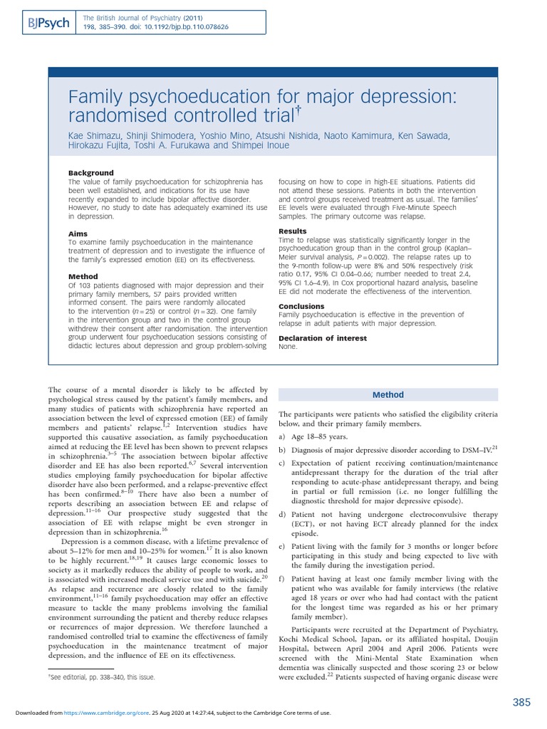 Family Psychoeducation For Major Depression Randomised Controlled Trial Major Depressive Disorder Electroconvulsive Therapy