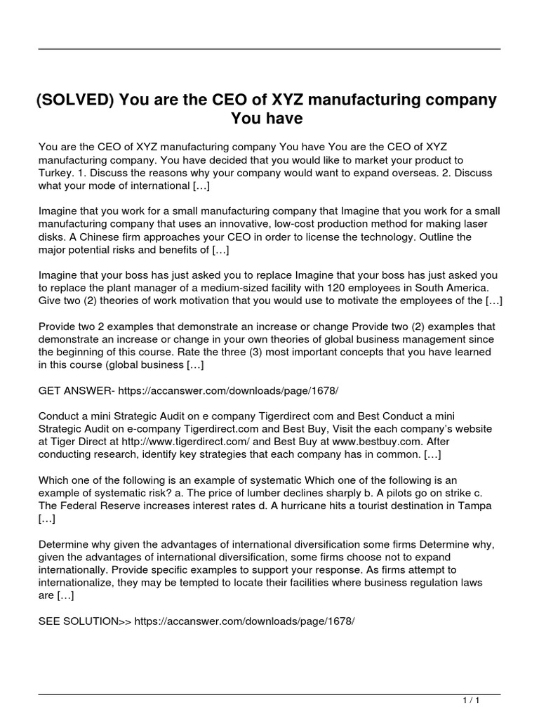 Solved You Are The Ceo Of Xyz Manufacturing Company You Have Business Economies