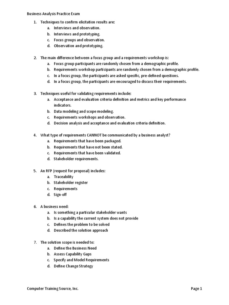 Business Analysis Practice Exam Questions | PDF