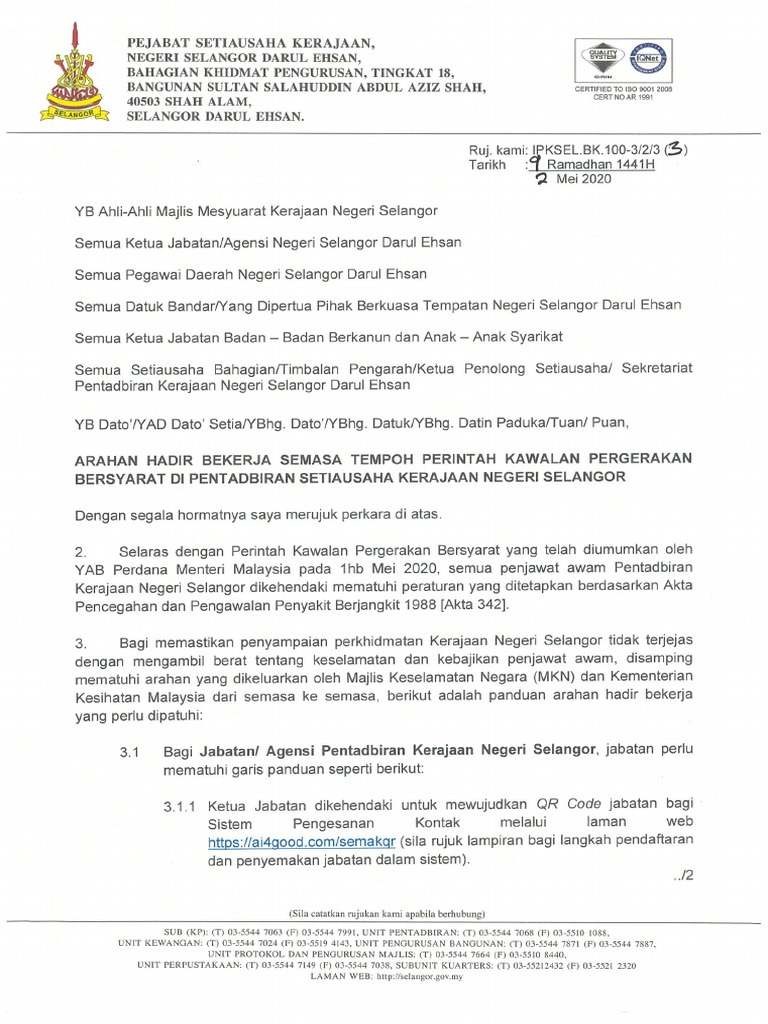 Surat Arahan Hadir Bekerja Semasa Tempoh Pkpb Di Pentadbiran Setiausaha Kerajaan Negeri Selangor Pdf