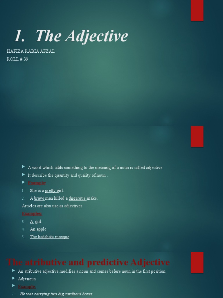 The Adjective Hafiza Rabia Afzal ROLL 39 PDF Adjective Noun