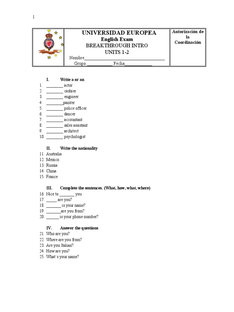 English Exam: Breakthrough Intro Units 1-2 | PDF