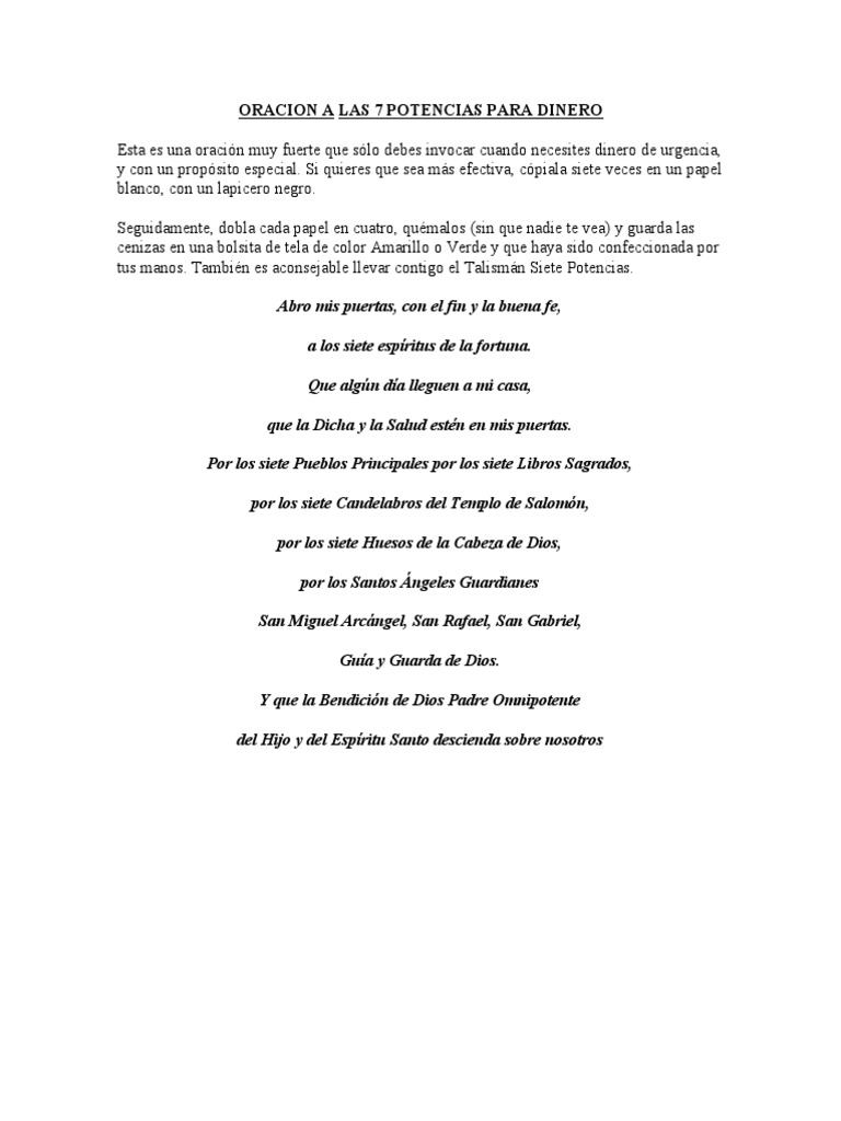 Oración a las 7 Potencias para Dinero | PDF | Teología | Creencia ...
