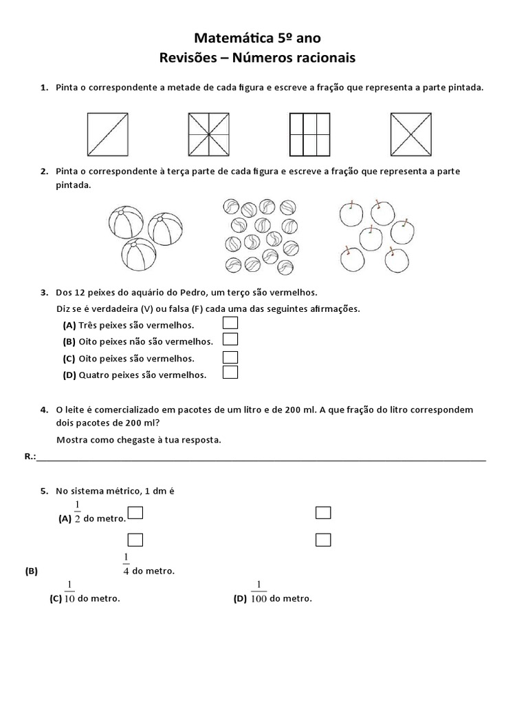 Ficha 5º Ano - Números Racionais | PDF | Ensino de Matemática | Science