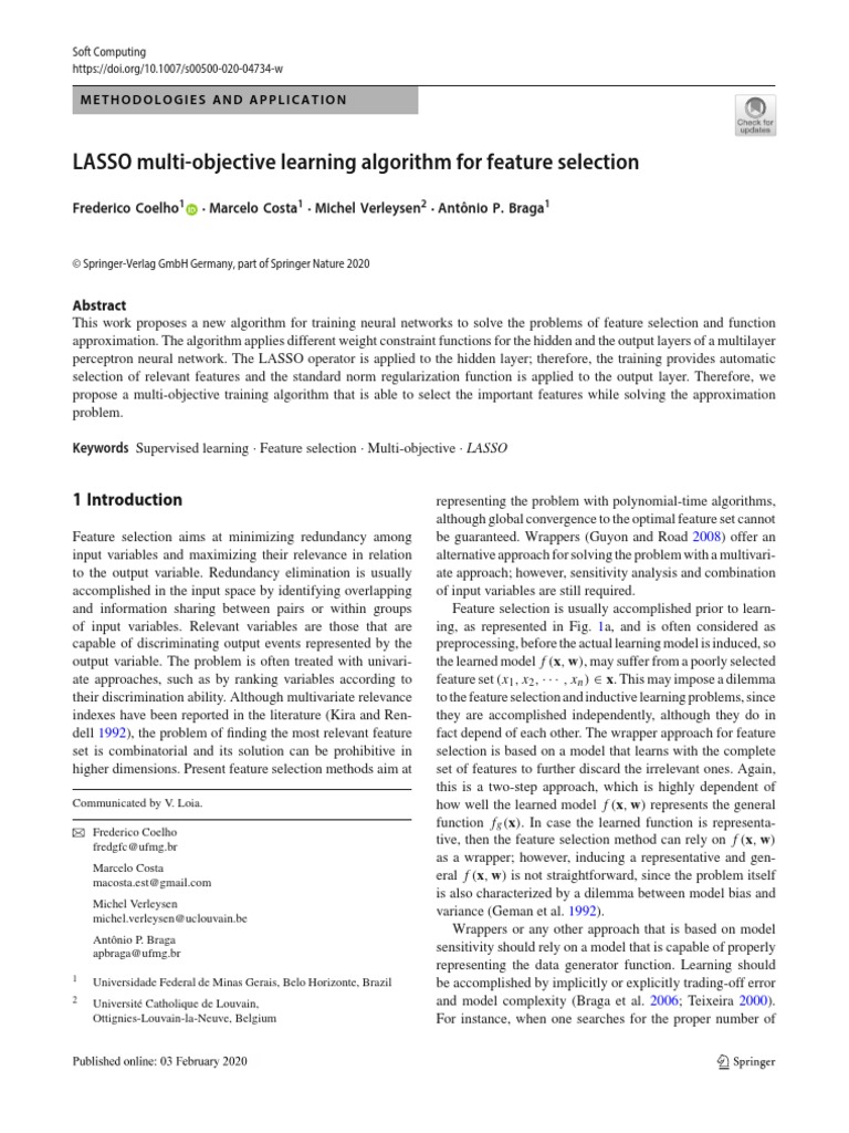 LASSO Multi-Objective Learning Algorithm For Feature Selection | PDF ...