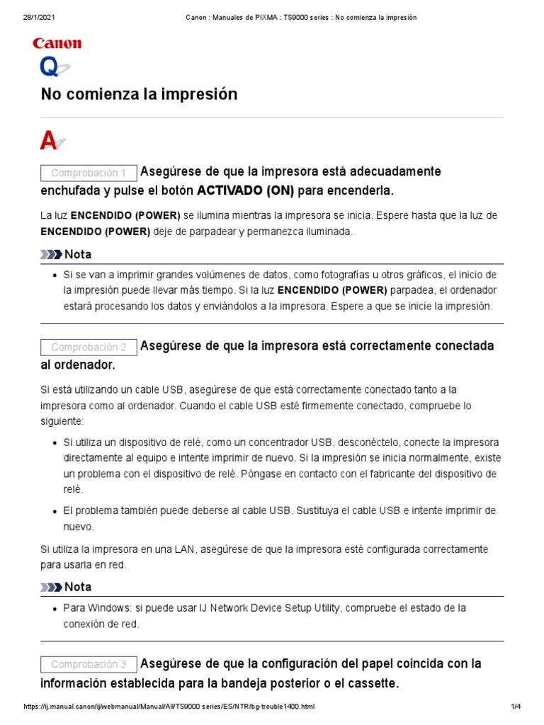 Canon Manuales de PIXMA TS9000 Series No Comienza La Impresión