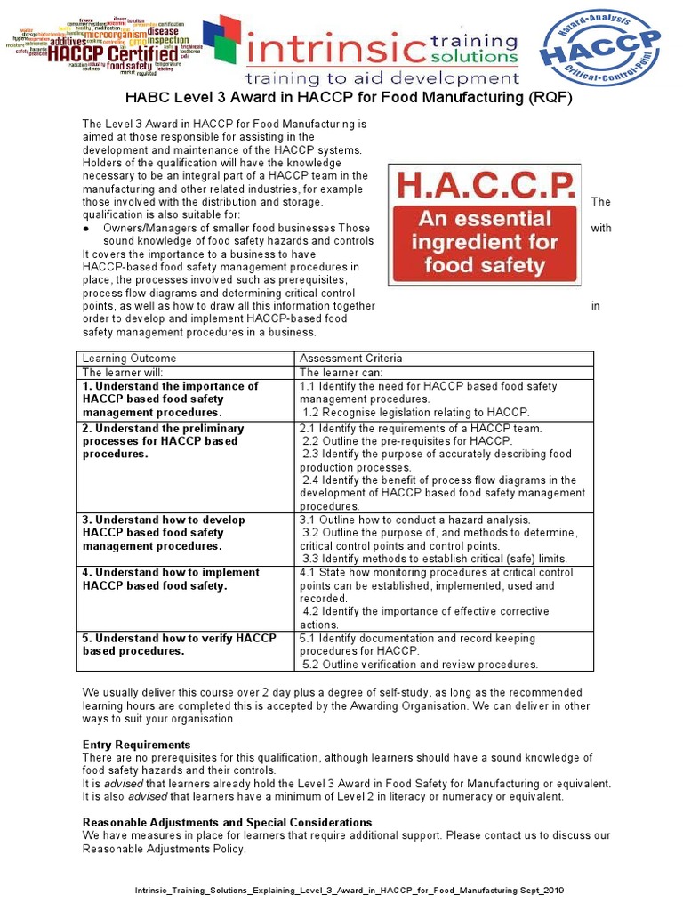 HABC Level 3 Award in HACCP For Food Manufacturing (RQF) PDF