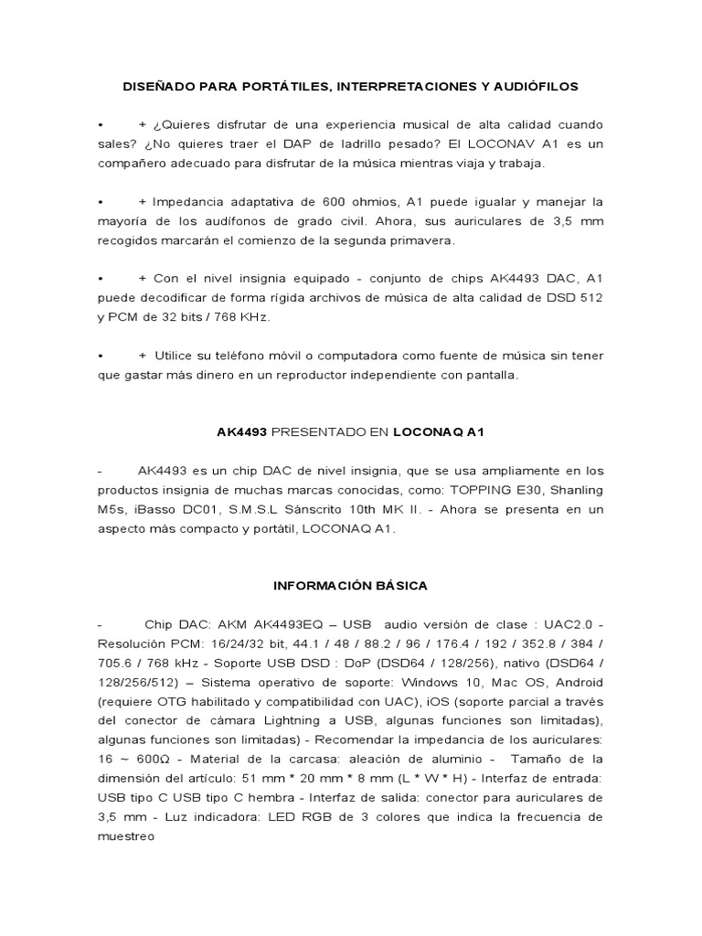 Loconaq A1 Description in Spanish PDF USB Auriculares