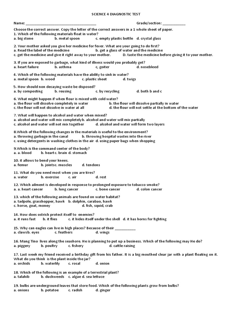 Grade 4 Science Diagnostic Test | PDF | Water | Force