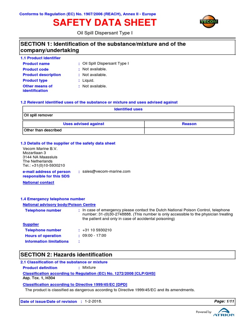 MSDS Oil Spill Dispersant Type I 20180201 PDF Toxicity Waste
