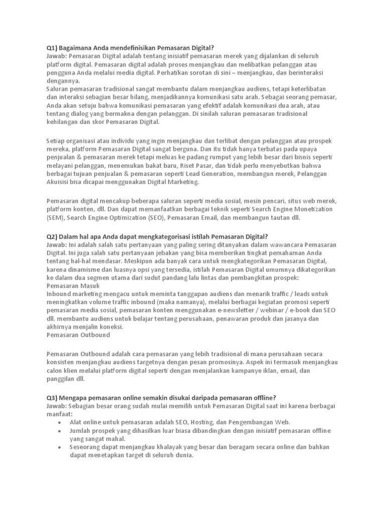 Pertanyaan Wawancara Digital Marketing PDF