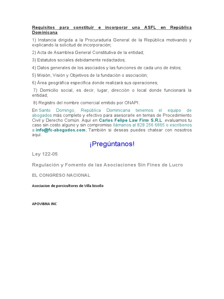 Requisitos para constituir ASFL en RD | PDF | Derecho