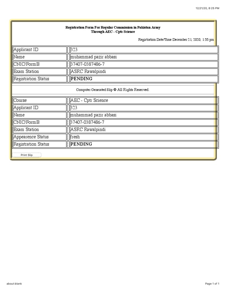 Pakistan Army Registration Slip | PDF