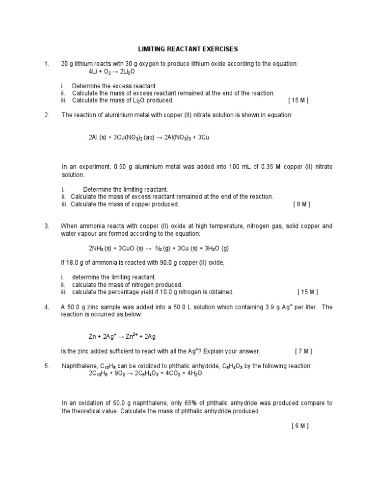 Limiting Reactant Problem Set Pdf Science Mathematics