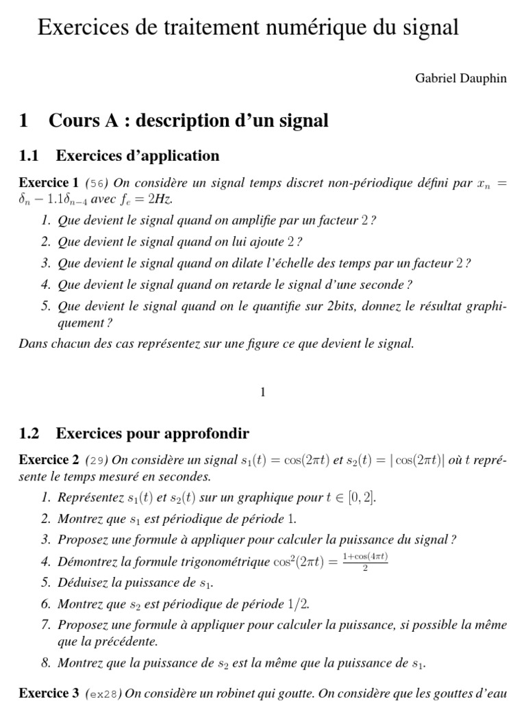Exercices de Traitement Numérique du Signal | PDF | Filtre ...